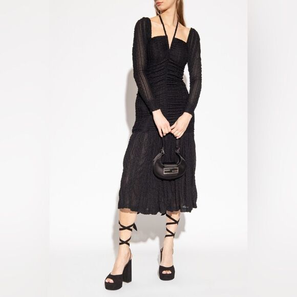 Ganni Midi Black Dress Ruched Stretch-Cloqué Size 10 - Picture 3 of 17
